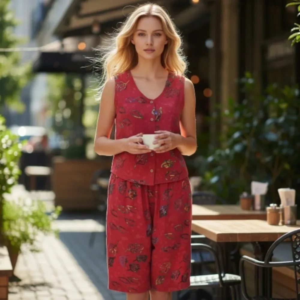 Young Fashion Vintage Red Patterned Culottes and Sleeveless Top Matching Set